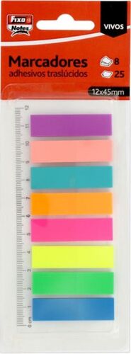 Blíster de marcadores autoadhesivos translúcidos 12 x 45 mm con regla – Colores mixtos (neón y pastel)